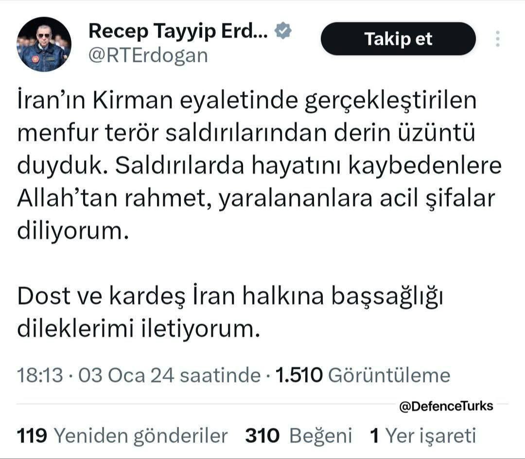 پیام اردوغان رئیس جمهور ترکیه در پی انفجار کرمان پیام اردوغان رئیس جمهور ترکیه در پی انفجار کرمان