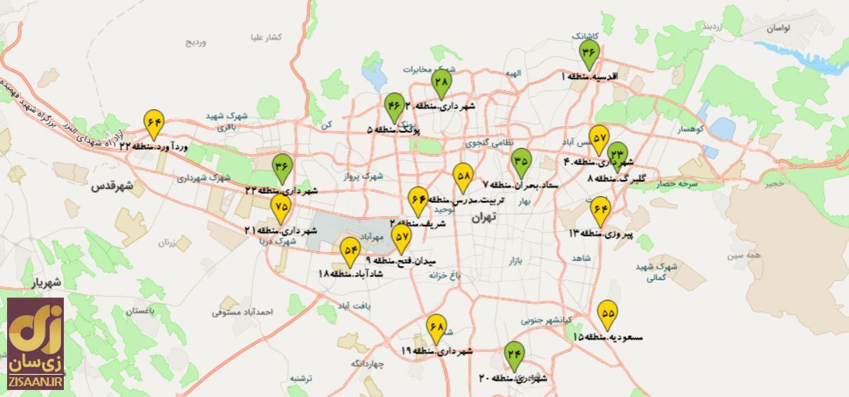 شاخص آلودگی هوا در مناطق مختلف تهران