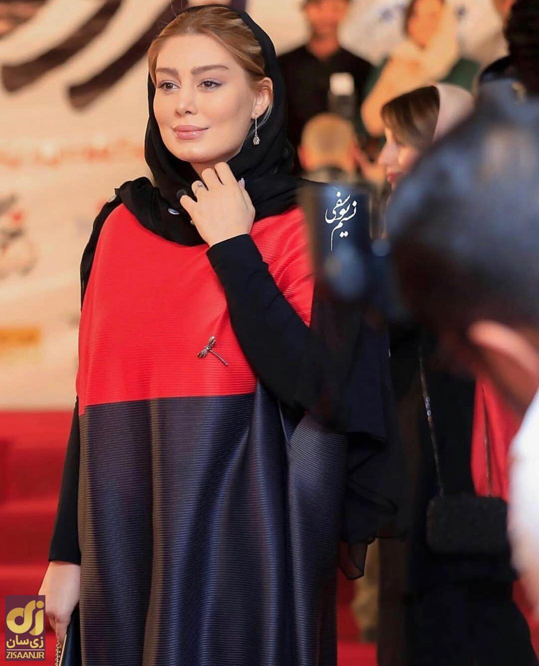 سحر قریشی با لباس قرمز و مشکی