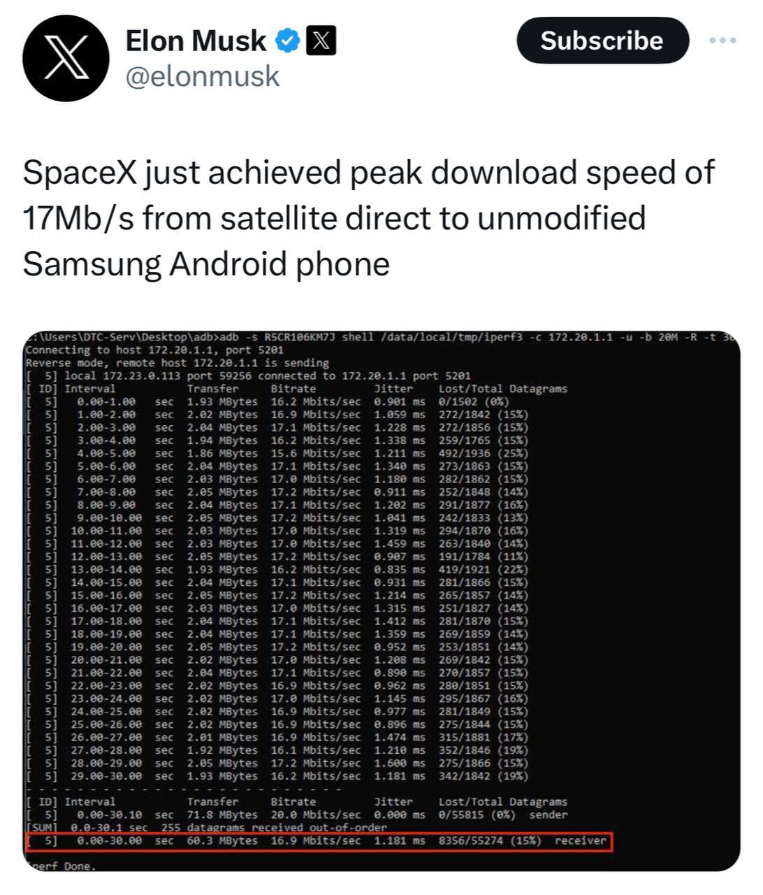 دستاورد تاریخی ایلان ماسک؛ اینترنت ماهواره‌ای با سرعت ۱۷ مگابیت بر ثانیه برای گوشی سامسونگ