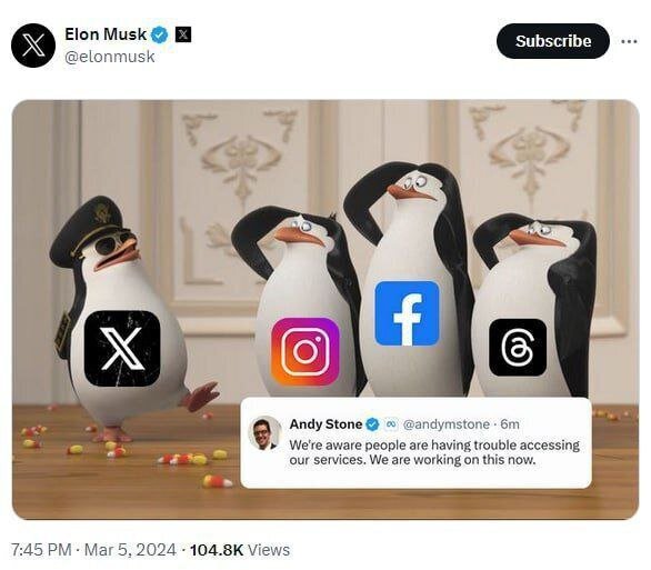 طعنه پنگئونی ایلان ماسک به اینستاگرام!