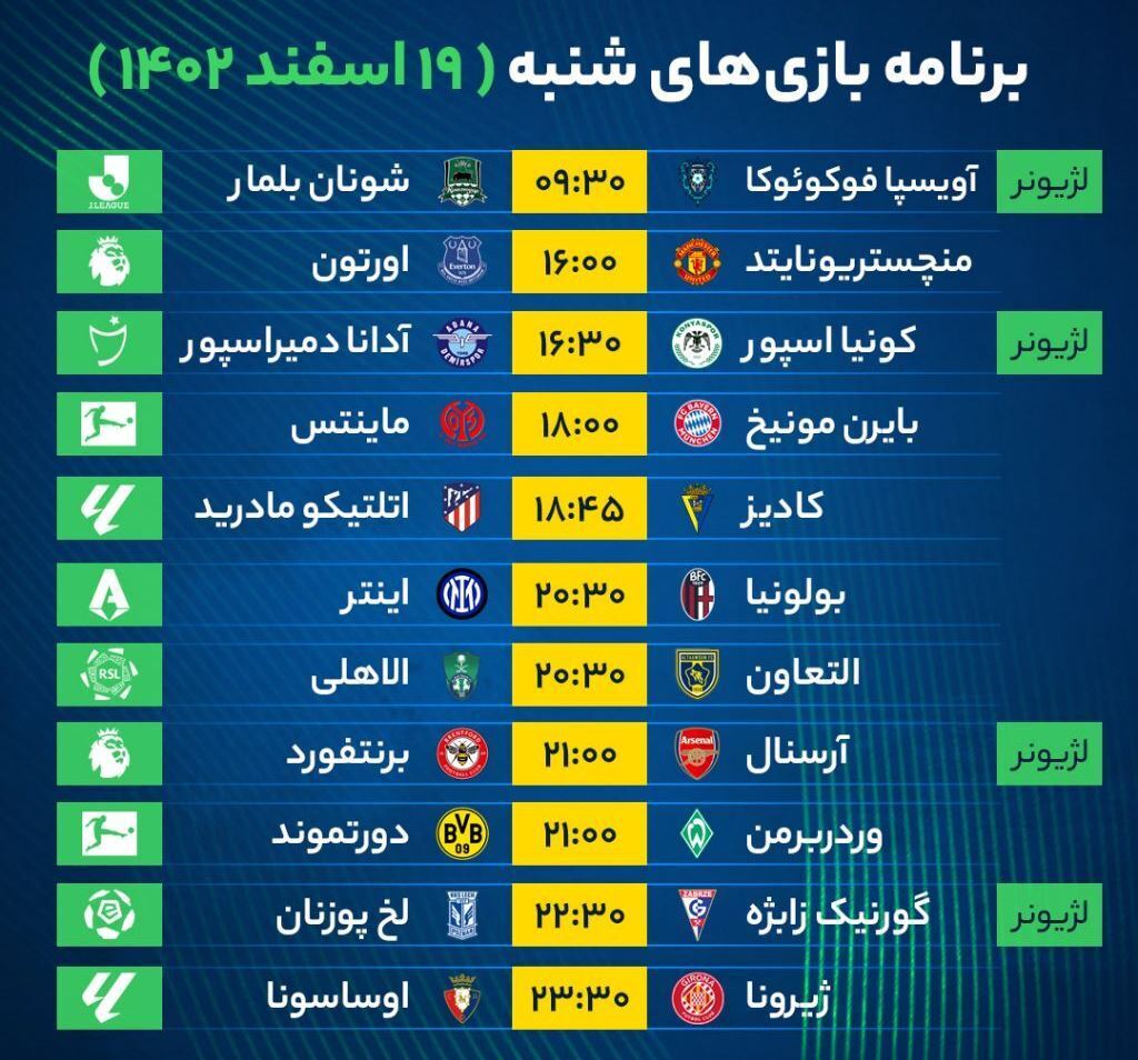 برنامه بازیهای فوتبال امروز شنبه ۱۹ اسفند ۱۴۰۲ برنامه بازیهای فوتبال امروز شنبه ۱۹ اسفند ۱۴۰۲
