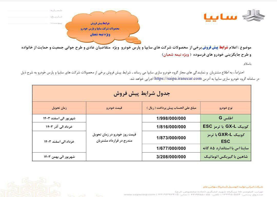 سایپا ۵ خودروی خود را پیش فروش میکند؛ شرایط و قیمت کوئیک، ساینا و شاهین پیش فروش سایپا