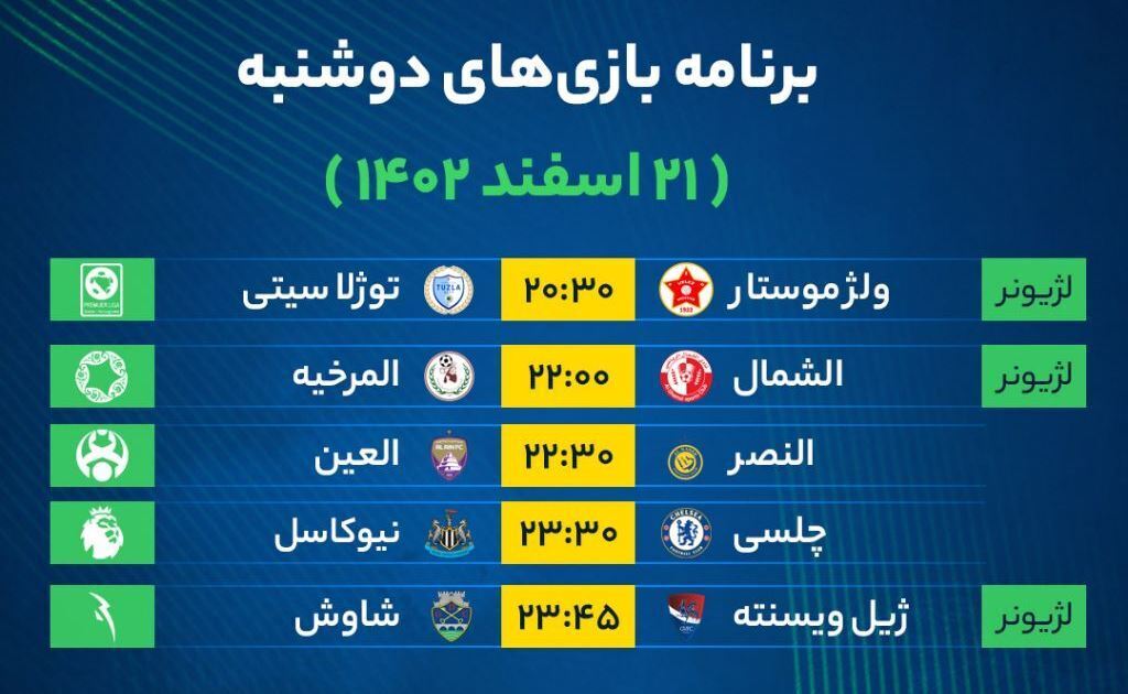 برنامه بازیهای فوتبال امروز دوشنبه ۲۱ اسفند ۱۴۰۲ برنامه بازیهای فوتبال امروز دوشنبه ۲۱ اسفند ۱۴۰۲