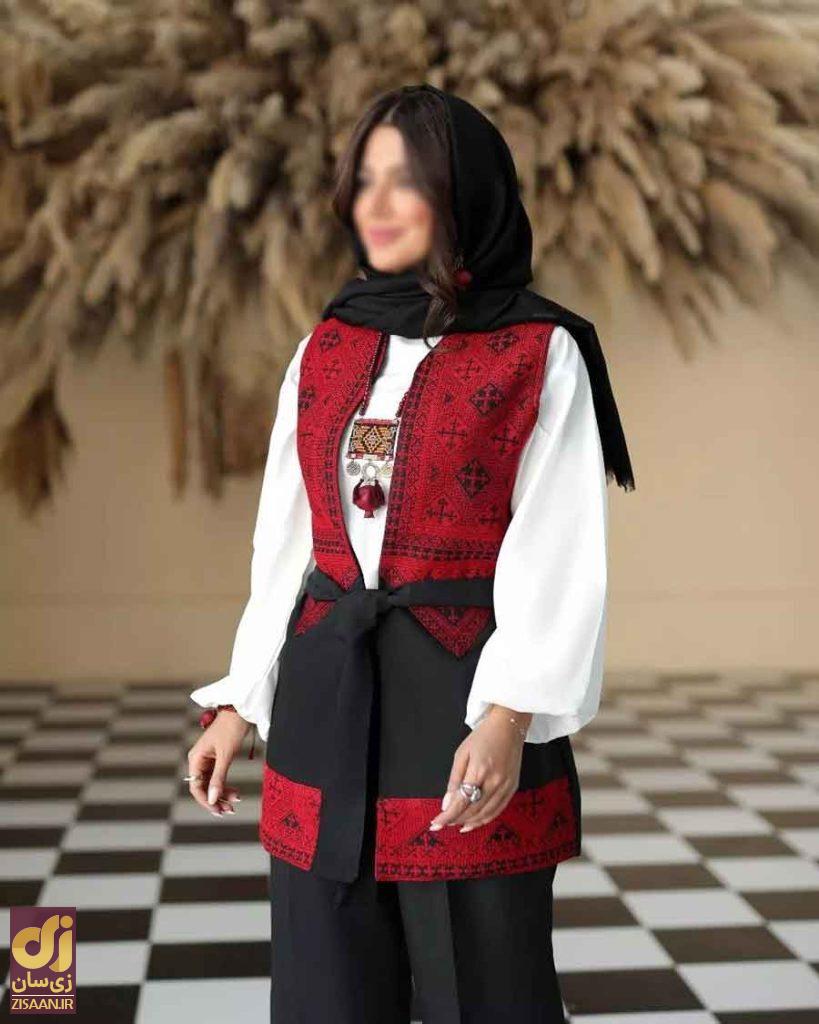 زنی با لباس شب یلدا ترکیب قرمز و مشکی و سفید