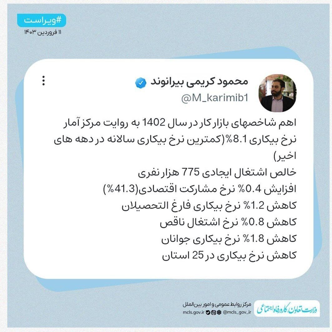 نرخ بیکاری ۱۴۰۲ چقدر شد؟ /این کمترین نرخ بیکاری سالانه در دهه‌های اخیر است