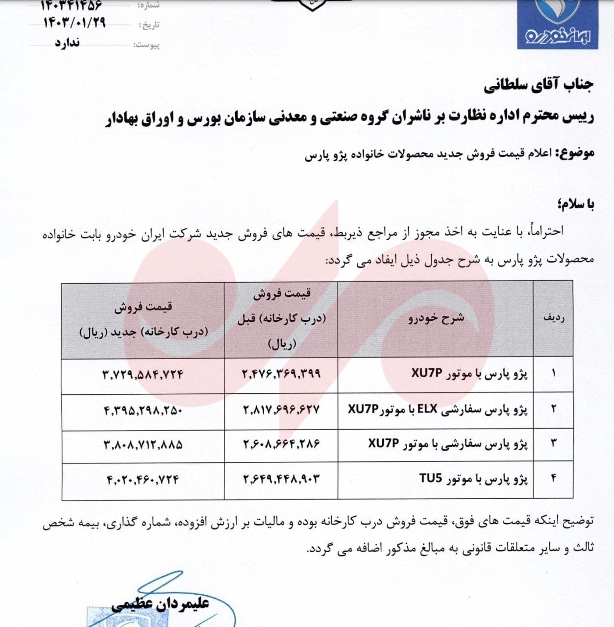 قیمت جدید ۴ مدل پژو پارس اعلام شد + سند