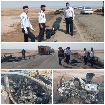 تصادف هولناک هیوندا در محور جندق؛ وحشتناکترین تصادف نوروز؛ ۹ سرنشین دو خودرو در آتش سوختند تصادف هولناک هیوندا در محور جندق؛ وحشتناکترین تصادف نوروز؛ ۹ سرنشین دو خودرو در آتش سوختند