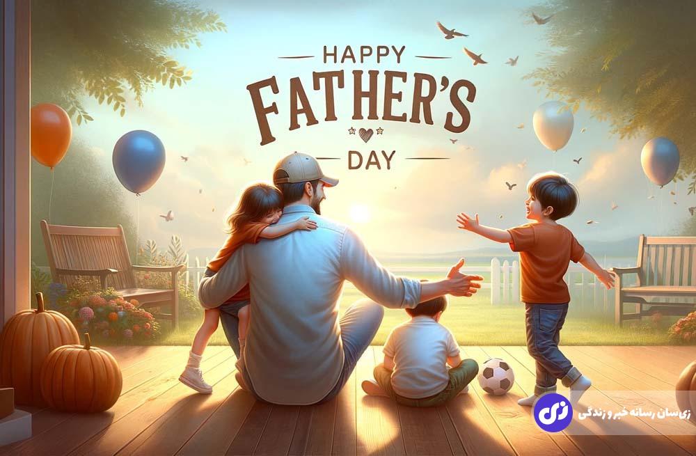 تصویری برای تبریک روز پدر پدری نشسته و سه فرزندش در اطراف او مشغول بازی هستند