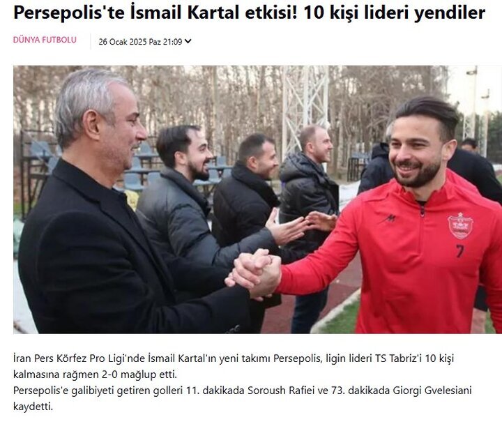 بازتاب گسترده پیروزی پرسپولیس مقابل تراکتور در رسانه‌های ترکیه‌ای