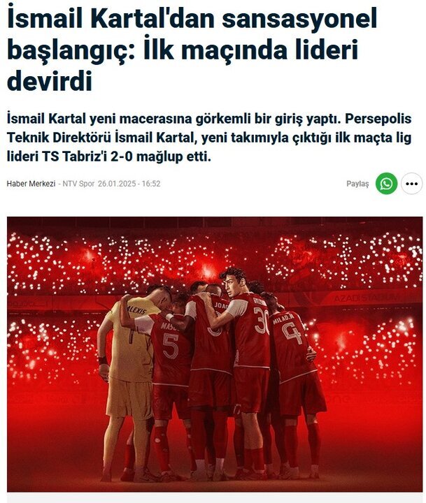 بازتاب گسترده پیروزی پرسپولیس مقابل تراکتور در رسانه‌های ترکیه‌ای