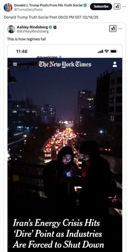 پست عجیب ترامپ درباره قطعی برق در ایران پست عجیب ترامپ درباره قطعی برق در ایران