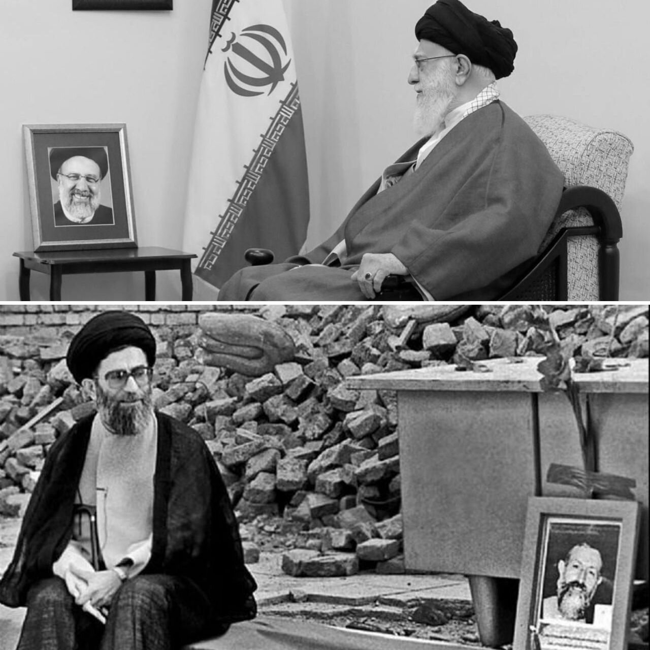 عکس | تصویرهایی از رهبر انقلاب در کنار قاب عکس آیت‌الله بهشتی و شهید رئیسی