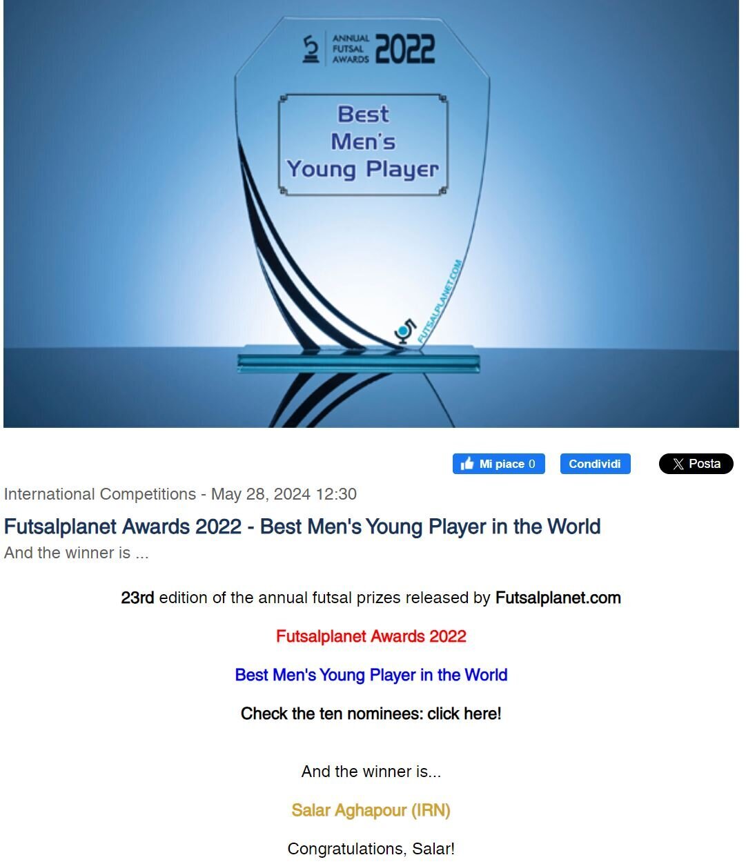 سالار آقاپور بهترین بازیکن فوتسال جهان شد