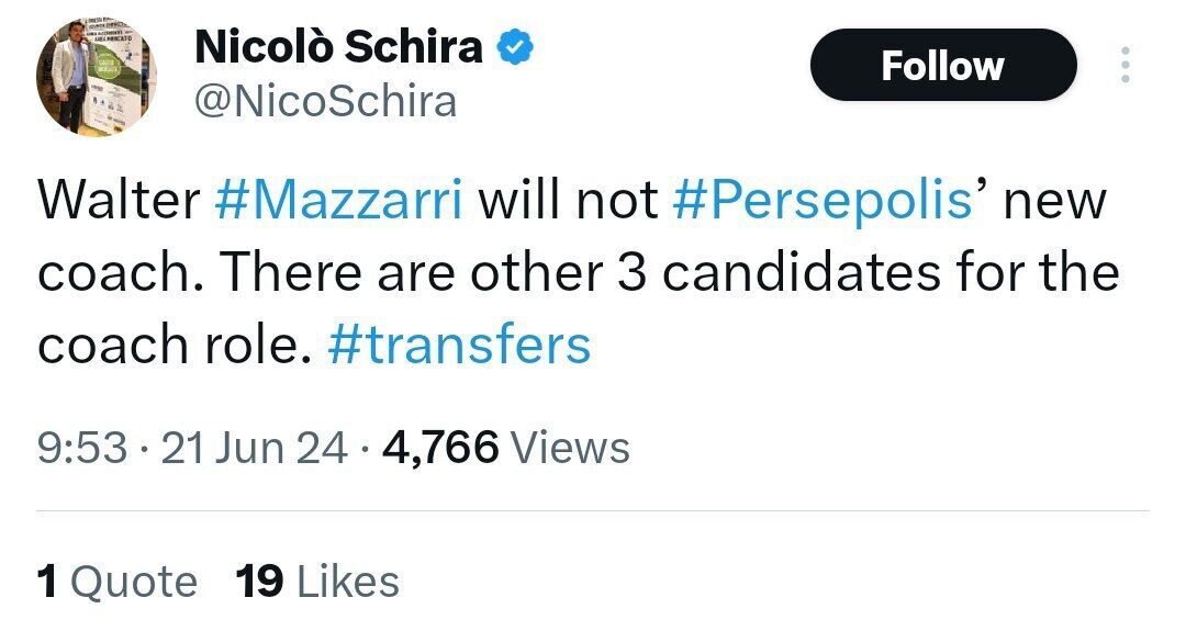 ادعای عجیب خبرنگار ایتالیایی؛ ماتزاری و پرسپولیس به بنبست رسیدند! ادعای عجیب خبرنگار ایتالیایی؛ ماتزاری و پرسپولیس به بنبست رسیدند!