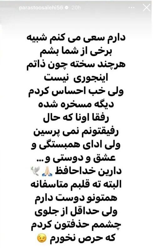 استوری تازه پرستو صالحی با یک متن جنجالی