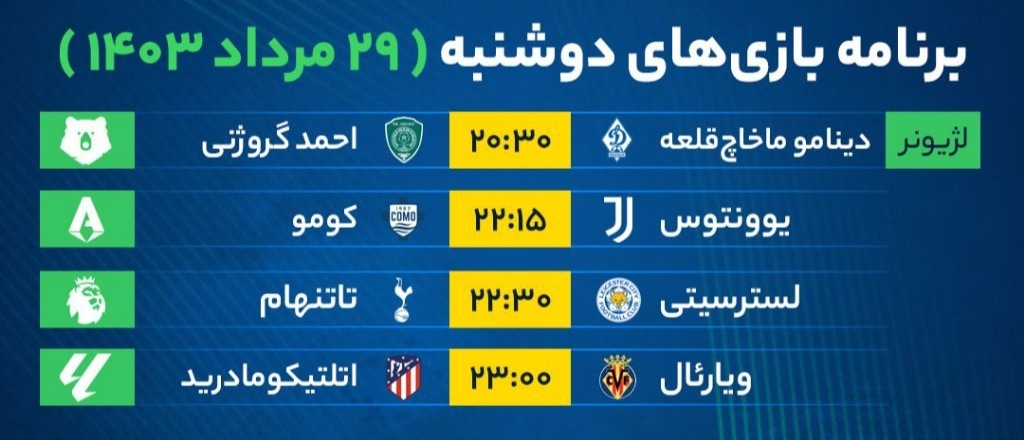 برنامه بازی‌های فوتبال امروز دوشنبه ۲۹ مرداد ۱۴۰۳