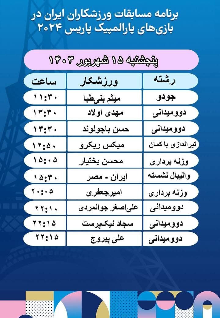 تمام بازی‌های امروز نمایندگان ایران در مسابقات پارالمپیک ۲۰۲۴ پاریس