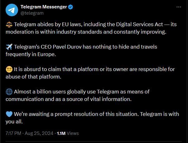 واکنش رسمی تلگرام به بازداشت پاول دورف واکنش رسمی تلگرام به بازداشت پاول دورف