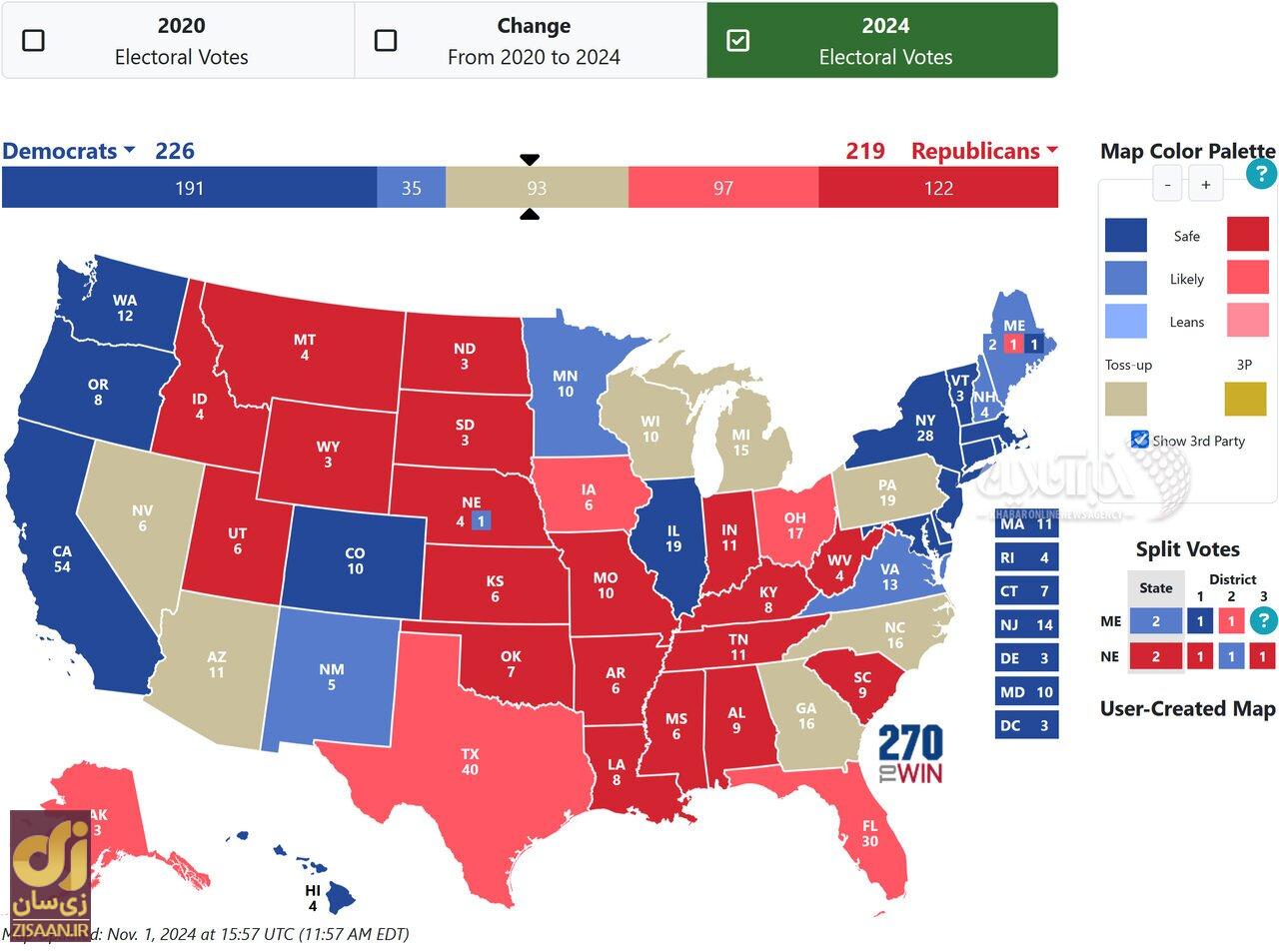 عکس | آخرین پیشبینی‌ها از نتیجه پایانی انتخابات ریاست جمهوری آمریکا؛ اختلاف ترامپ و هریس چقدر است؟