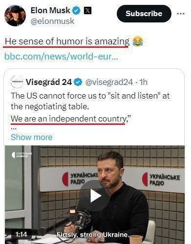 مسخره زلنسکی توسط ایلان ماسک پس از پسر ترامپ