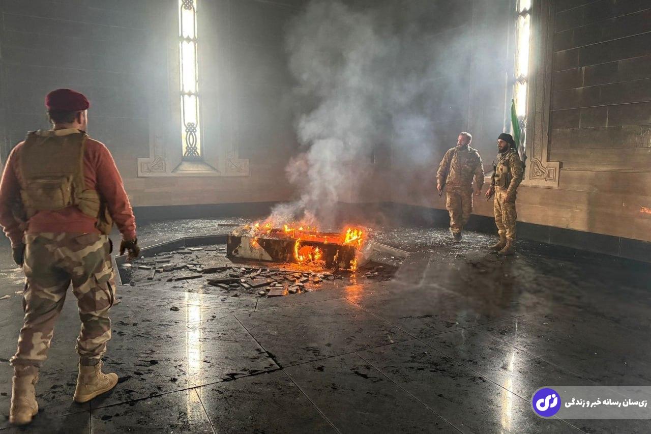 ویدئو و عکس | ویرانی کامل مقبره حافظ اسد؛ مقبره در آتش سوخت