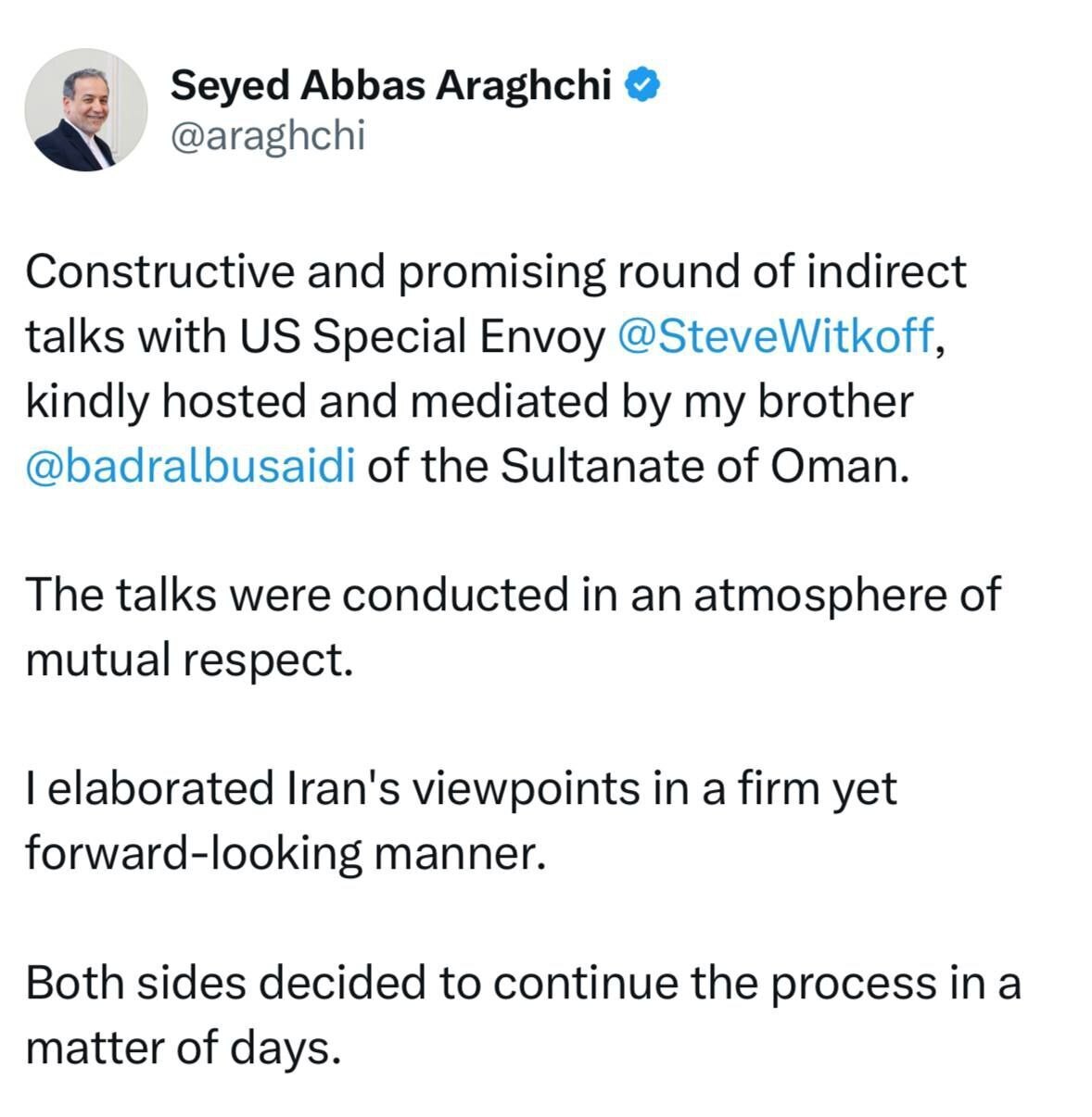 اولین توییت عراقچی بعد از مذاکرات امروز