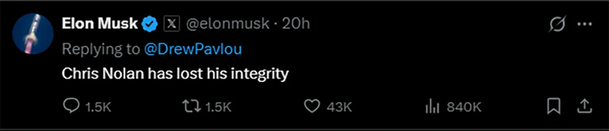 حمله ایلان ماسک به کریستوفر نولان؛ نولان اعتبار هنریاش را از دست داده است حمله ایلان ماسک به کریستوفر نولان؛ نولان اعتبار هنریاش را از دست داده است