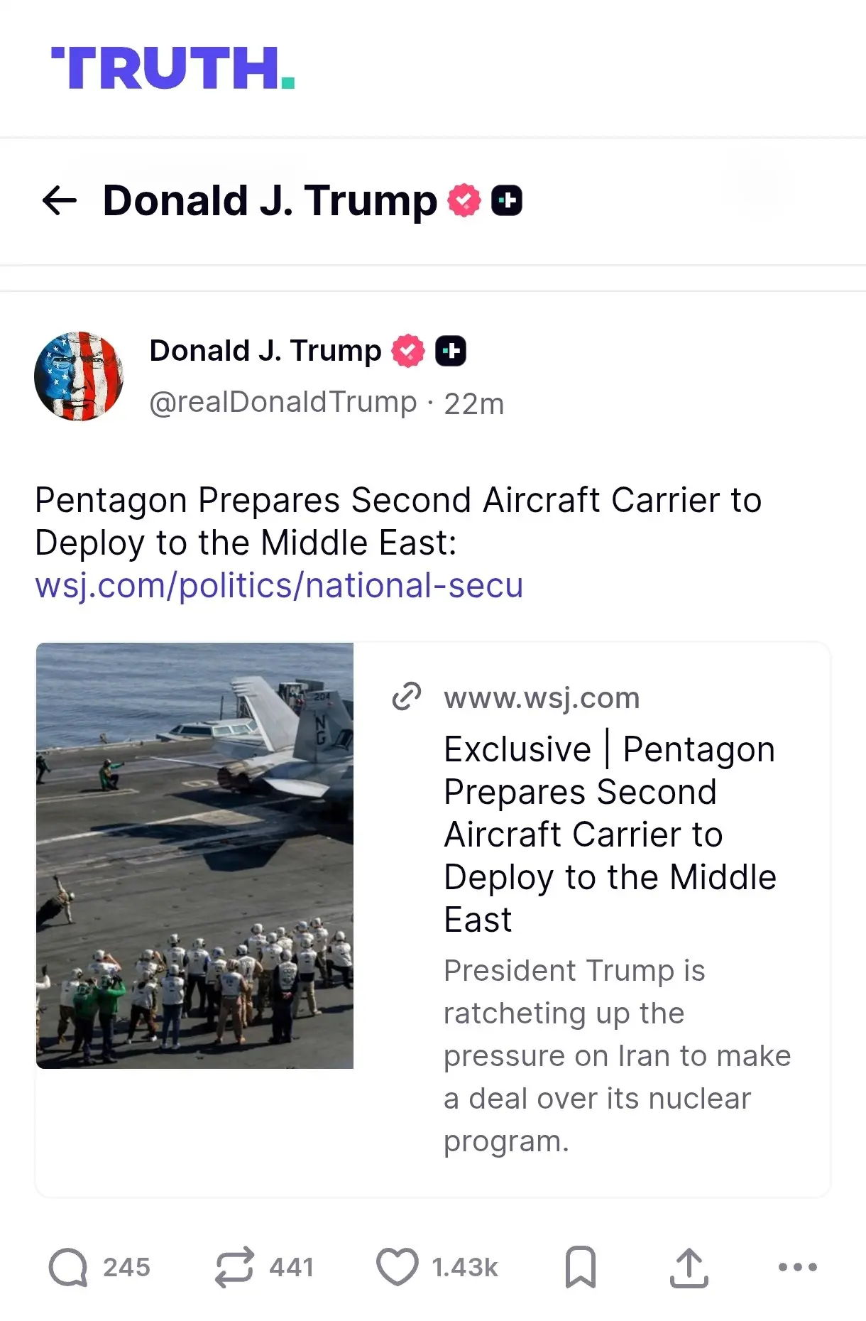 ترامپ احتمال اعزام دومین ناو هواپیمابر به غرب آسیا را تایید کرد