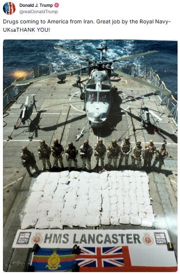 ادعای عجیب ترامپ: یک محموله «مواد مخدر» از سوی ایران به مقصد آمریکا توقیف شد! ادعای عجیب ترامپ: یک محموله «مواد مخدر» از سوی ایران به مقصد آمریکا توقیف شد!