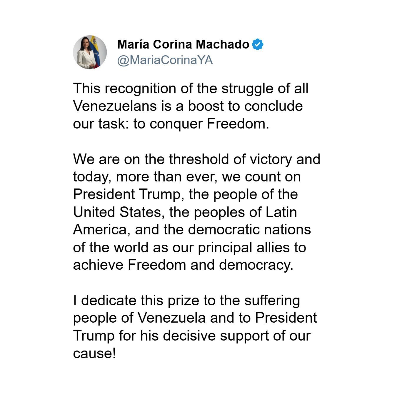 کورینا ماچادو جایزه نوبل صلح خود را به ترامپ تقدیم کرد!