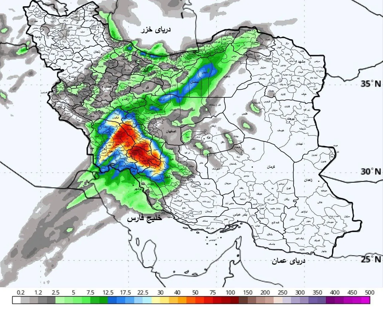 نقشه پیش‌بینی بارش در کشور برای فردا پنجشنبه 20 آذر