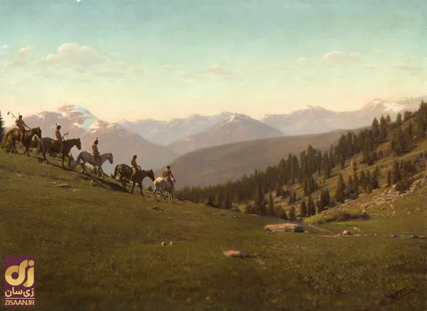 چاپ دستی که پنج سوار را در حال حرکت به سمت سراشیبی در مونتانا نشان می&zwnj;دهد. اوایل دهه ۱۹۰۰.&nbsp;