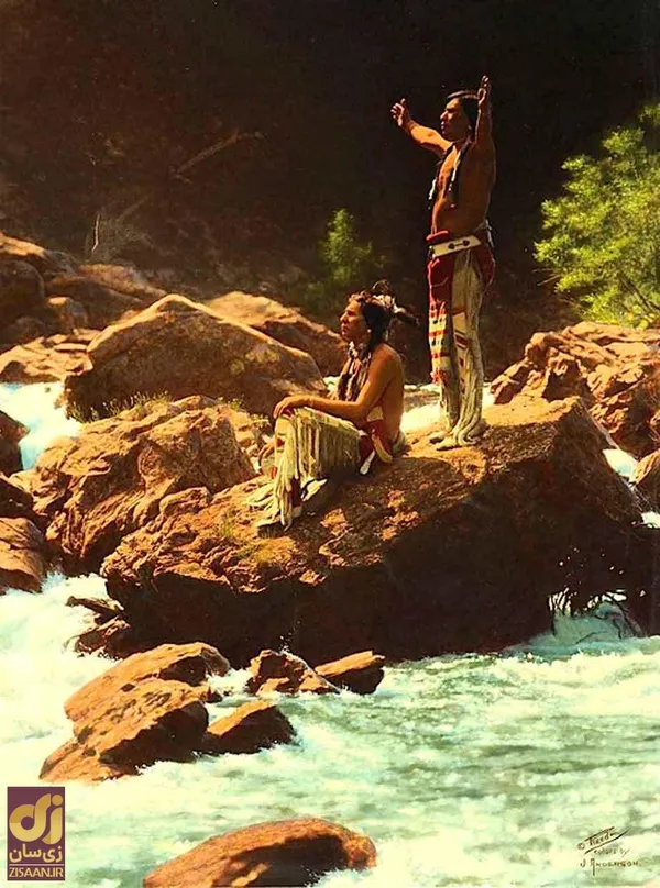 مردان پیگان در نزدیکی رودخانه&zwnj;ای در مونتانا به تاندربرد دعا می&zwnj;کنند. ۱۹۱۲.&nbsp;