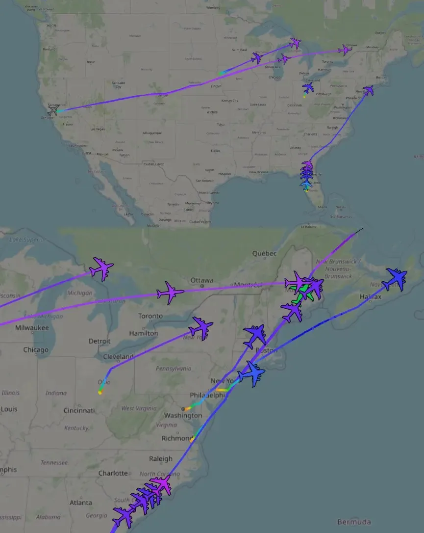 نقشه پرواز جنگنده از آمریکا به خاورمیانه